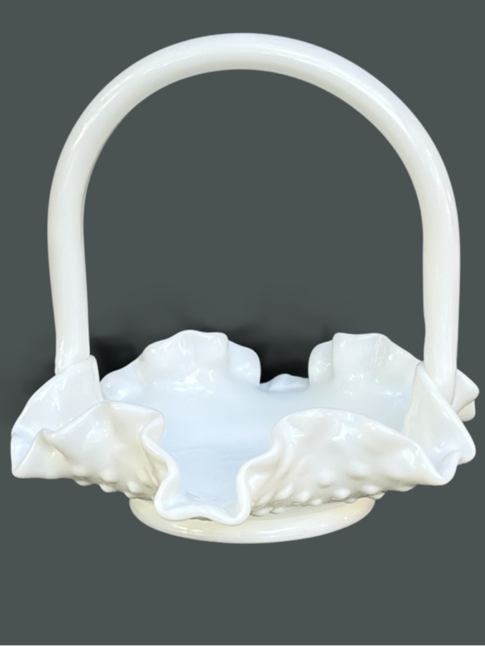 Vintage Fenton Hobnail Milk Glass Ruffled Trim Basket.
